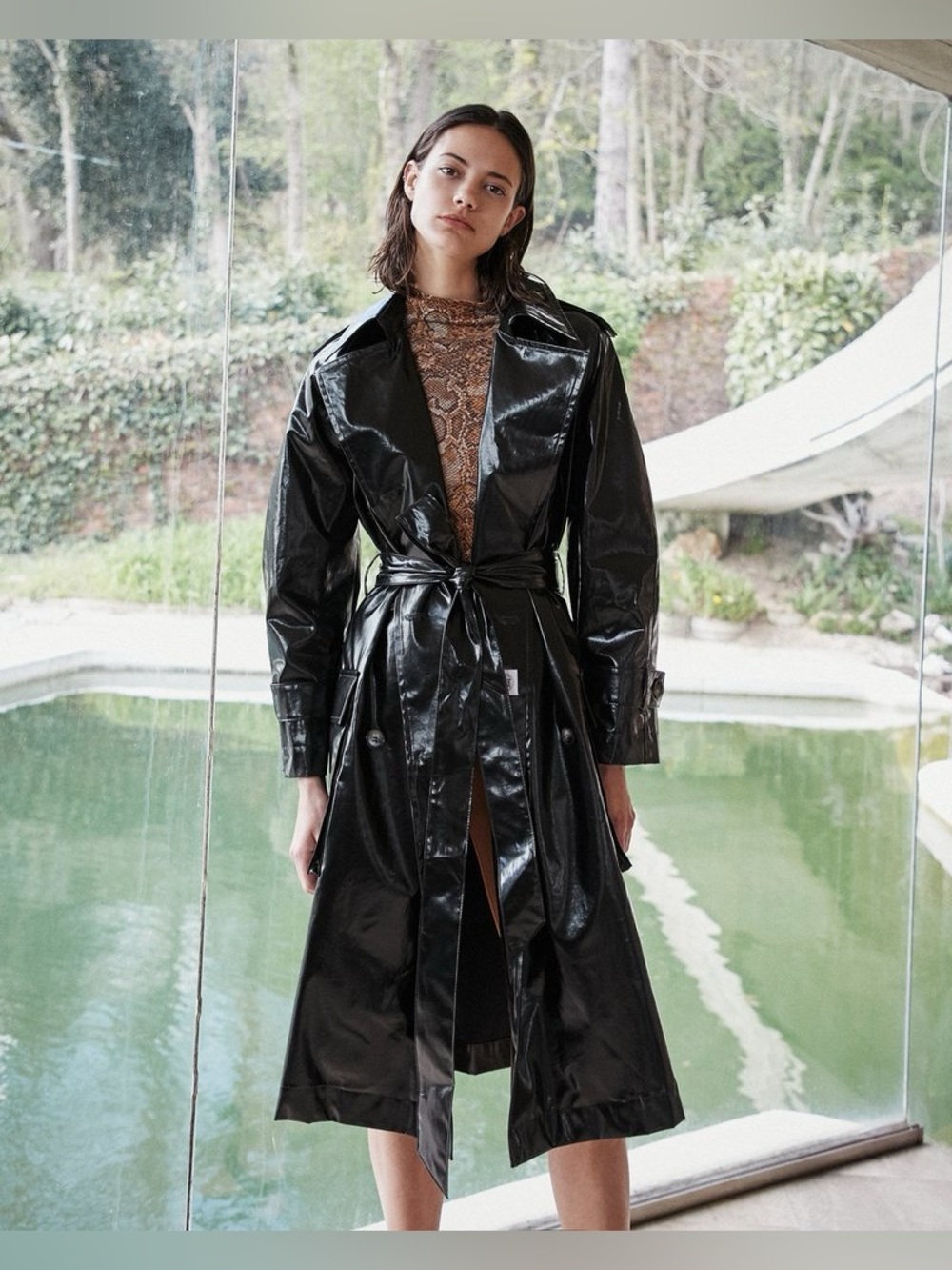 Nanushka Ambar Belted Vinyl Trench Coat - Black